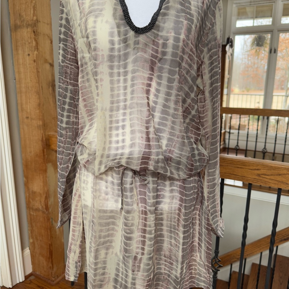 RAGA Anthropologie Sheer Snake Patterned Dress Swim Coverup drawstring beaded
